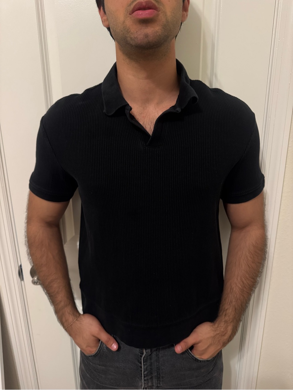 Zara Black Ribbed Short-Sleeve Polo